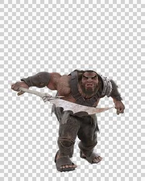 Fantasy giant in aggressive pose with large glieve weapon. 3D rendering iso.. Stock Illustration