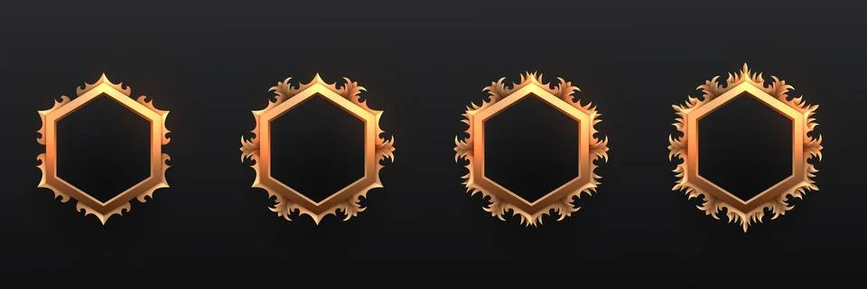 Fantasy golden hexagonal game avatar banner border frames set for game ui design Stock Illustration
