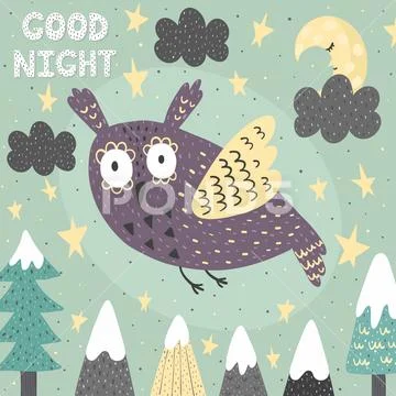 Fantasy good night card with a cute owl. Magic night background Stock Illustration