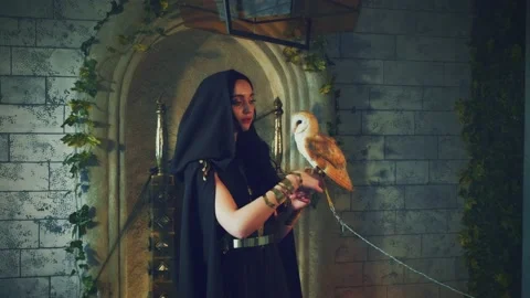 Fantasy gothic woman queen witch holds white barn owl on hand pet bird. video 4k Stock Footage 234599511