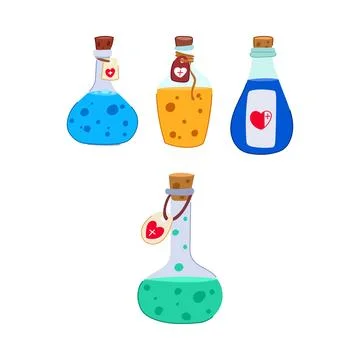 Fantasy healing potions magic elixir bottles Stock Illustration