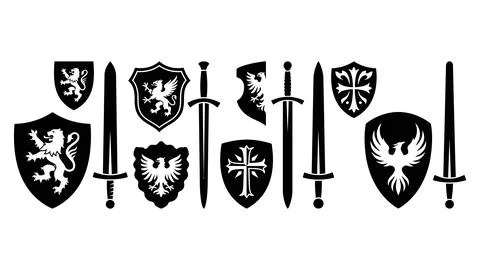 Fantasy heraldic shields with mythical creatures and swords Illustrazione stock
