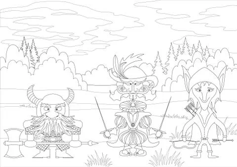 Fantasy heroes in forest, contour Stock Illustration