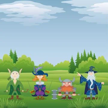 Fantasy heroes in forest Stock Illustration