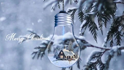 Fantasy house inside the bulb hanging on the chrismas tree, winter landscape . Stock Footage 144111251