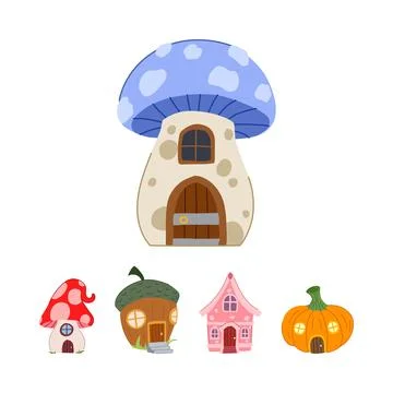 Fantasy houses set featuring whimsical natural dwellings Stock Illustration