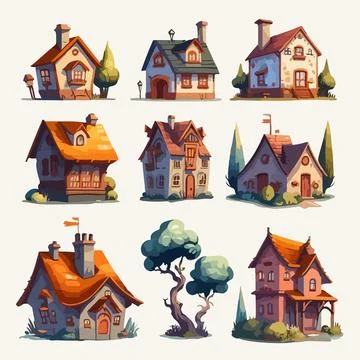 Fantasy houses, vector set of illustrations in cartoon style Stock Illustration