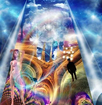 Fantasy Illusion Complex surreal composition. Naked woman. Businessman wit... 스톡 사진