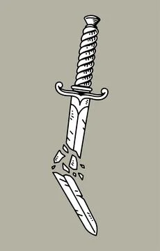 Fantasy illustration of broken sword, drawing, ink, line art Stock Illustration