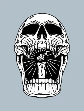 Fantasy illustration of candle inside the skull, drawing, ink, line art Stock-Illustration