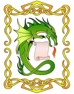 Fantasy illustration - dragon with a framed scroll - vector full color picture. Stock Illustration