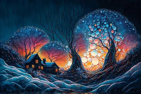 Fantasy illustration of fabulous evening winter landscape, Christmas Stock Illustration