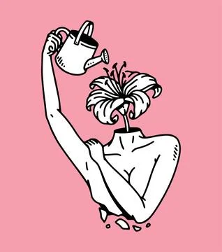 Fantasy illustration of flower head human, drawing, ink, line art Stock Illustration
