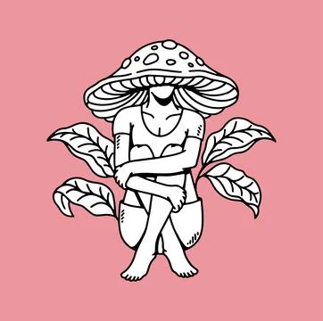 Fantasy illustration of mushroom head people, drawing, ink, line art Illustrazione stock