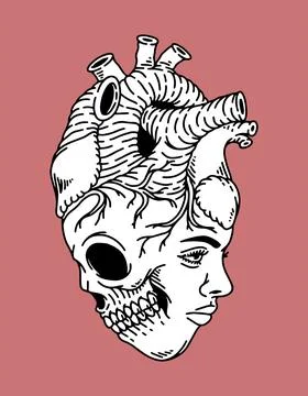 Fantasy illustration of pair of faces in the heart, drawing, ink, line art Stock Illustration
