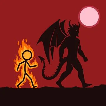 Fantasy illustration of a stick figure on fire walking away from a devil cr.. Illustrazione stock