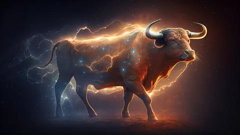 Fantasy image of a big bull with lightning on a dark background Stock Illustration
