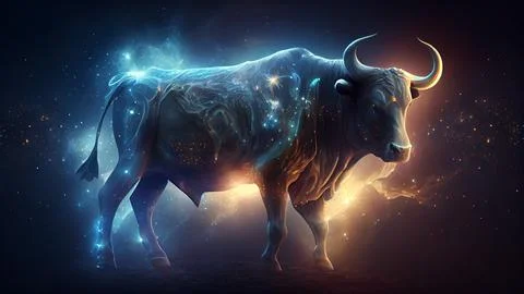 Fantasy image of bull in dark space. 3D illustration. Stock Illustration