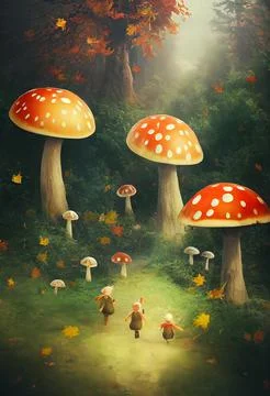 Fantasy image with mushroom and goblins Stock Illustration