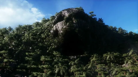 Fantasy island with skull mountain. airy concept. Dynamic trees. Realistic 4k Video stock 201623994