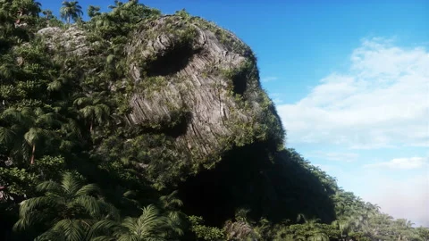Fantasy island with skull mountain. airy concept. Dynamic trees. Realistic 4k Video stock 201624541