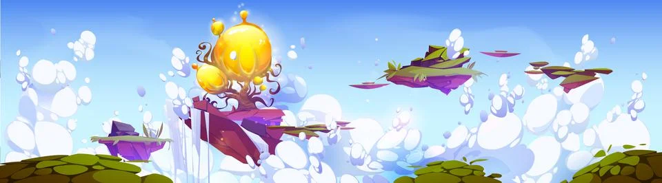 Fantasy islands with magic tree floating in sky Illustrazione stock