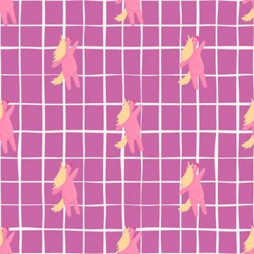 Fantasy kids seamless pattern with simple pink unicorn ornament. Chequered ba Illustrazione stock