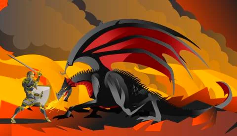 Fantasy knight fighting a black dragon in the flames Stock Illustration
