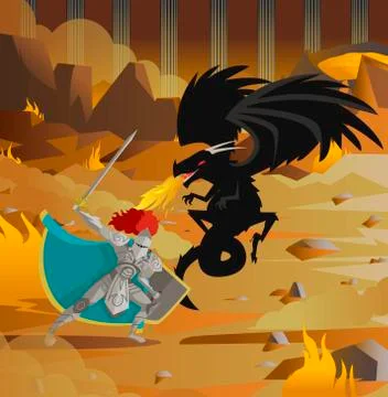 Fantasy knight fighting a black dragon in the flames Stock-Illustration