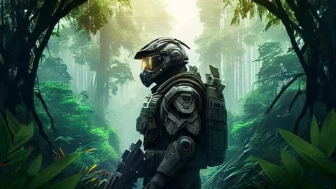 Fantasy landscape with an astronaut in the forest. Stock Illustration