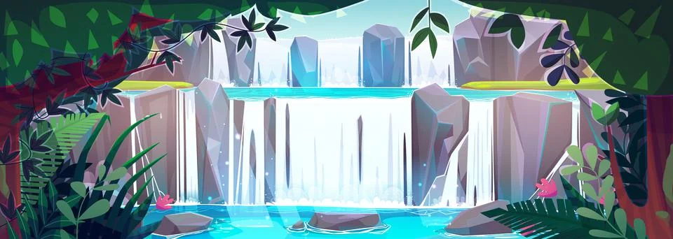 Fantasy landscape with cascade waterfall 스톡 일러스트