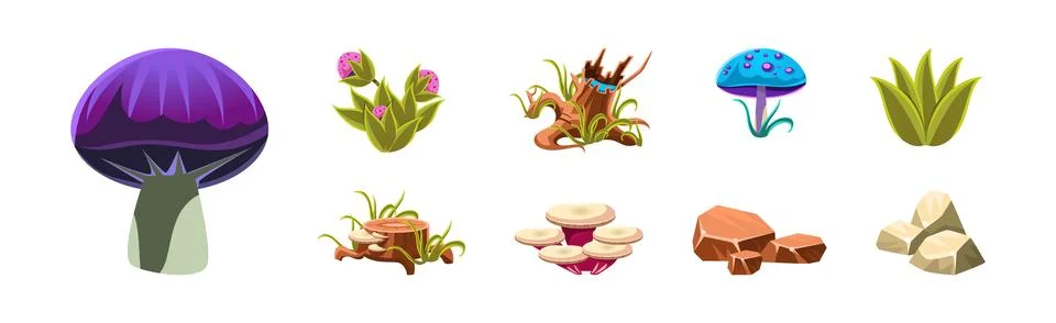 Fantasy Landscape Elements and Plants Vector Set 스톡 일러스트
