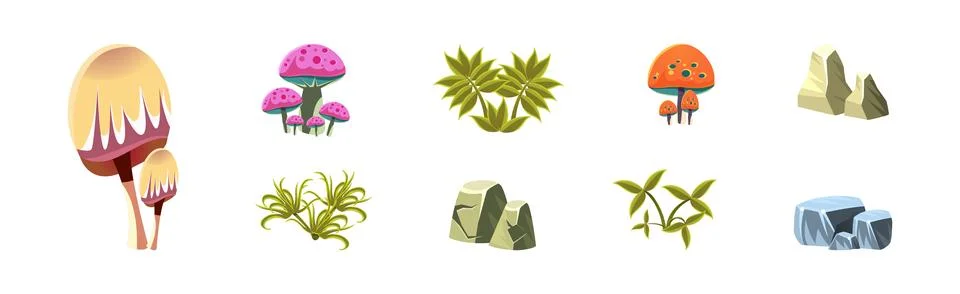Fantasy Landscape Elements and Plants Vector Set 스톡 일러스트