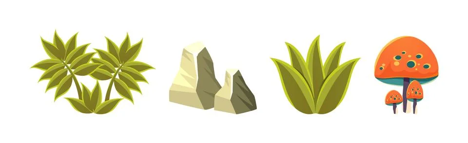 Fantasy Landscape Elements and Plants Vector Set Illustrazione stock