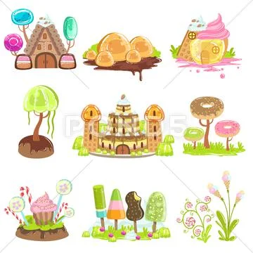 Fantasy Landscape Elements Made Of Sweets And Candy Stock Illustration