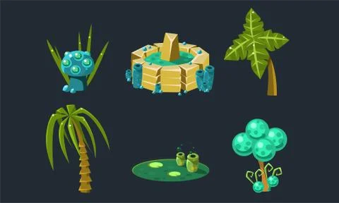 Fantasy Landscape Elements Set, Cute Fantastic Trees and Plants, User Interface Stock Illustration