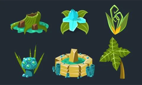 Fantasy Landscape Elements Set, Fantastic Trees and Plants, User Interface Illustrazione stock
