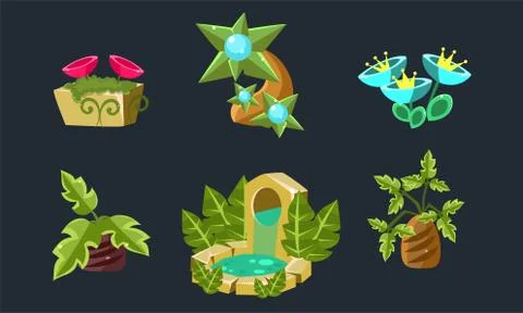 Fantasy Landscape Elements Set, Fantastic Trees, Plants and Flowers, User Illustrazione stock