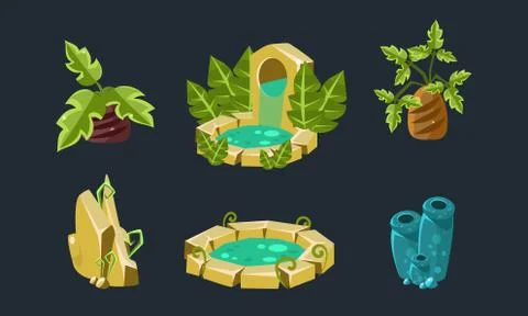 Fantasy Landscape Elements Set, Palm Trees, Waterfall, Pond, User Interface 스톡 일러스트