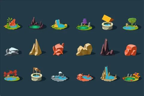 Fantasy landscape elements set, plants, stones, well, pond, lake, details for 스톡 일러스트