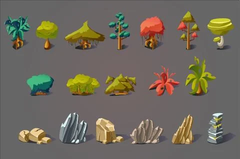 Fantasy landscape elements set, plants, trees and stones, details for computers 스톡 일러스트
