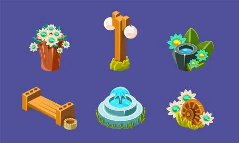 Fantasy Landscape Elements Set, User Interface Assets for Mobile App or Video Stock Illustration