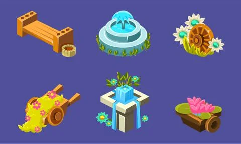 Fantasy Landscape Elements Set, Waterfall, Bench, Wheelbarrow, Fountain, User Stock Illustration