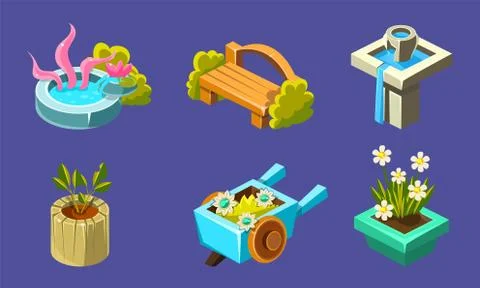 Fantasy Landscape Elements Set, Well, Bench, Waterfall, Flowerbed, Wheelbarrow 스톡 일러스트