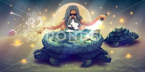 Fantasy landscape with flat Earth on a three turtles and smoking man, globe Stock Illustrationen