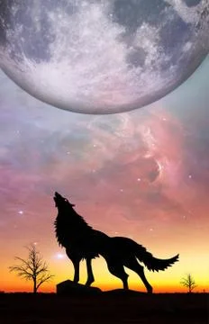 Fantasy landscape - Howling wolf and bare tree silhouettes with huge planet r Foto stock