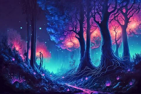 Fantasy landscape, magical night on the fairy tale forest, digital art Stock Illustration