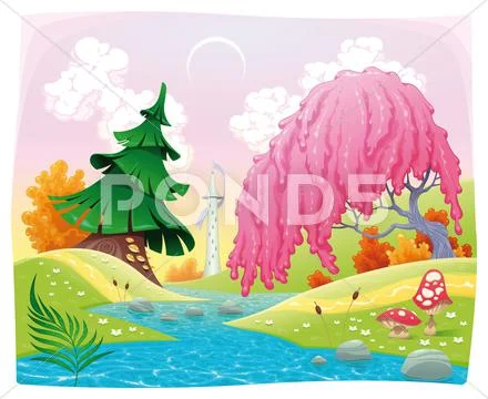 Fantasy landscape on the riverside. Stock Illustration