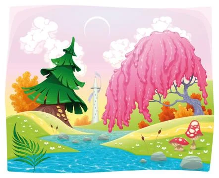 Fantasy landscape on the riverside. Stock-Illustration