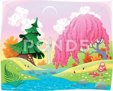 Fantasy landscape on the riverside. Stock Illustration
